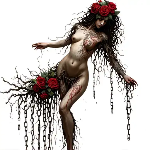 full body Silhouette of a goddess with long hair, bare chest, collard roots growing out of chains, roses, decaying flesh tattoo design idea