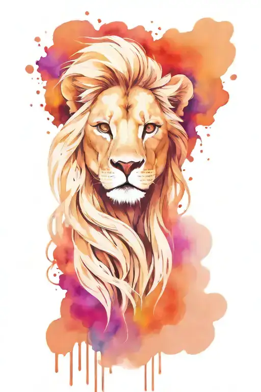 beautiful blonde girl, mora lion with a bushy mane, at the bottom there are artistic brushes and splashes of paint. tattoo design idea