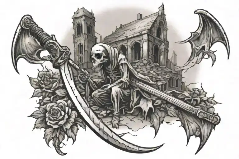 Death with a scythe leaves the ruined city tattoo tattoo design idea