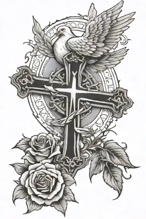 dove with rose and below are 3 crosses with a sun and clouds around tattoo design idea