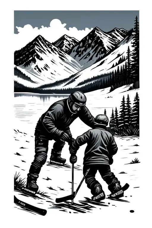 mountain scene with father and son playing pond hockey tattoo design idea