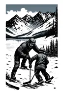 mountain scene with father and son playing pond hockey tattoo design idea
