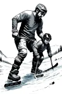 mountain scene with father and son playing pond hockey tattoo design idea