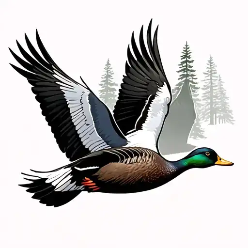 flying ducks with cedar trees tattoo design idea