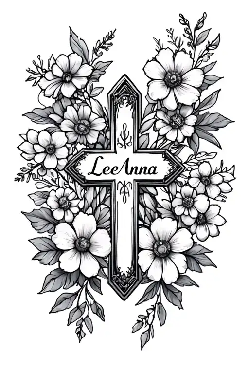 thin dainty girly cross surrounded with flowers with "LeeAnna" in the middle  tattoo design idea