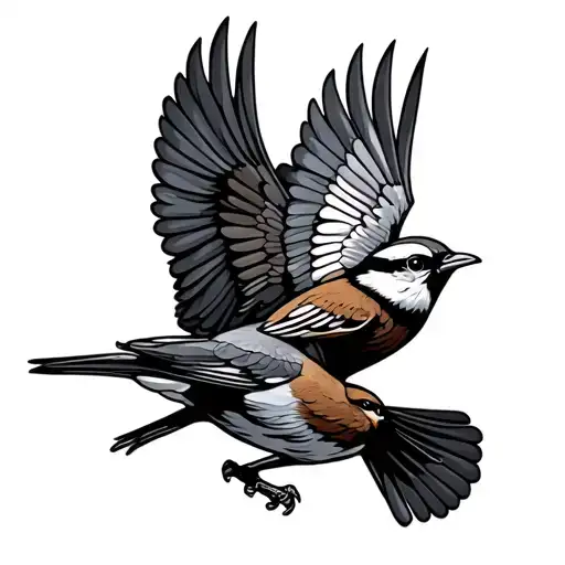 two sparrows flying together, one outlined and one traditional black tattoo design idea