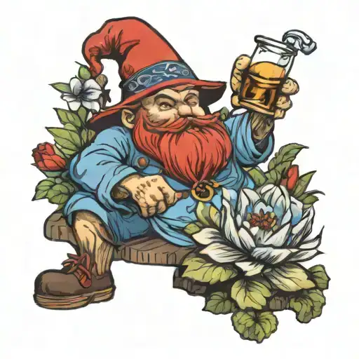 garden gnome with red hat and blue shirt drinking rum in tabern tattoo design idea