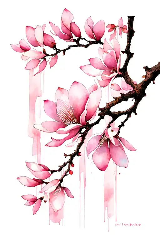 A Japanese-inspired illustration featuring a delicate branch adorned with vertically arranged soft pink magnolia blossom tattoo design idea