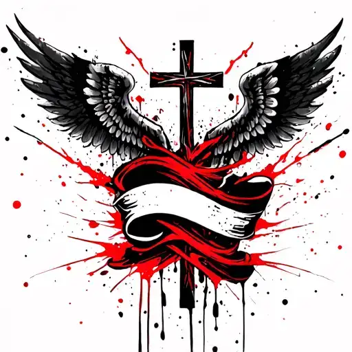 cross with wings spread with banner wrapped tattoo design idea
