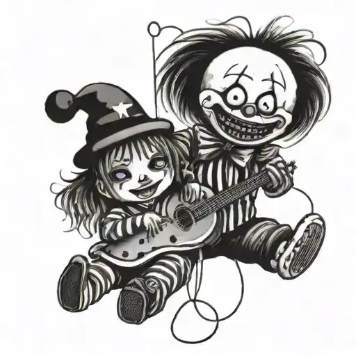 Scary black and white Strings with puppet and clown and a smiling/crying a girl with teddy bear tattoo design idea