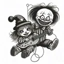 Scary black and white Strings with puppet and clown and a smiling/crying a girl with teddy bear tattoo design idea