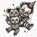 Scary black and white Strings with puppet and clown and a smiling/crying a girl with teddy bear tattoo design idea