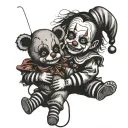 Scary black and white Strings with puppet and clown and a smiling/crying a girl with teddy bear tattoo design idea
