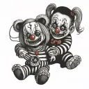 Scary black and white Strings with puppet and clown and a smiling/crying a girl with teddy bear tattoo design idea