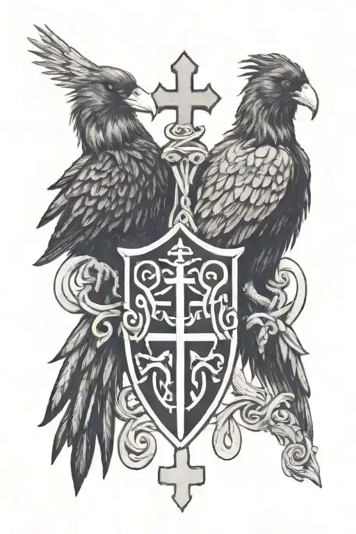 castle rookery crest with two large crows holding a Celtic cross and 4 small crows on the shield tattoo design idea