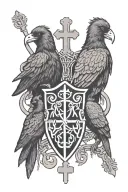 castle rookery crest with two large crows holding a Celtic cross and 4 small crows on the shield tattoo design idea