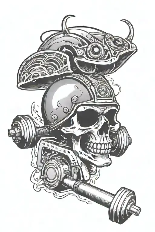 video game controller, motorbike helmet, sea waves, gym dumbbell, word "patience" and scream ghostface inside the blade  tattoo design idea
