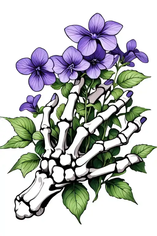 skeleton hand with violets growing tattoo design idea