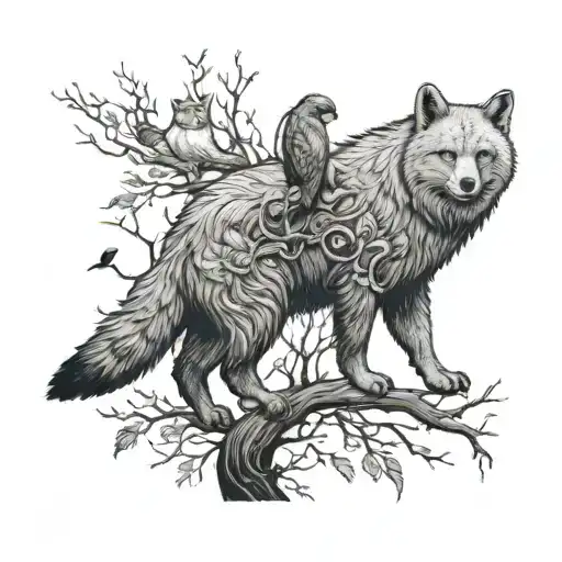 make a bear and a fox walk side by side with a kid in between them and an owl and a dove on a branch on a poison tree  tattoo design idea