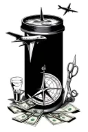 Black and white with these elements sea, plane, compass, the world, money, drinks, scissors. obvious tattoo design idea