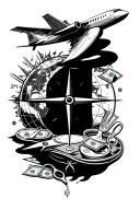 Black and white with these elements sea, plane, compass, the world, money, drinks, scissors. obvious tattoo design idea