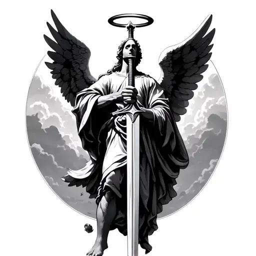 arch angel michael holding a sword piercing the ground looking up towards the sky with a halo around him tattoo design idea