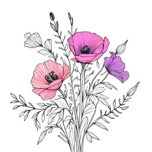 flower bouquet, poppy, gladiolus, violet, primrose, hawthorn, rose tattoo design idea