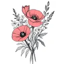 flower bouquet, poppy, gladiolus, violet, primrose, hawthorn, rose tattoo design idea