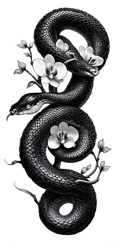 orchid vines wrapping around a snake intertwined transparent tattoo design idea