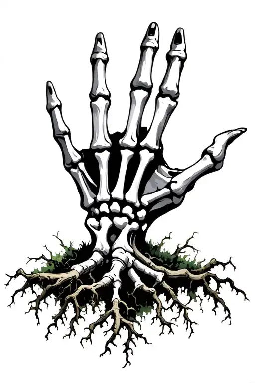skeleton hand reaching up with roots coming from the bottom, more realistic, fine line   tattoo design idea