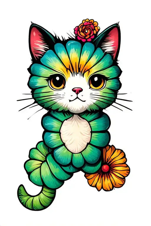cosmo flower cat head caterpillar tattoo design idea