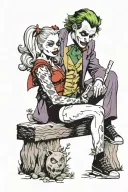 the joker sitting in the woods. harley quinn standing beside him with her baseball and one hand on his shoulder tattoo design idea