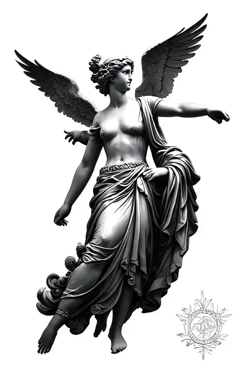 roman woman statue with 2 angels flying tattoo design idea