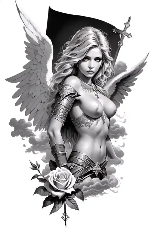 a sexy blond female angel as a warrior with some clouds, a rose and a Cross for a halfsleeve tattoo tattoo design idea
