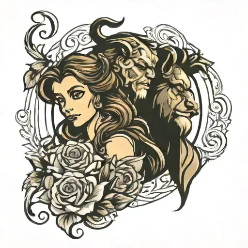 beauty and beast shadowed tattoo design idea