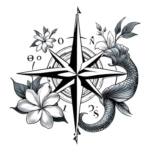 mermaid, Pisces symbol, frangipani and compass tattoo design idea