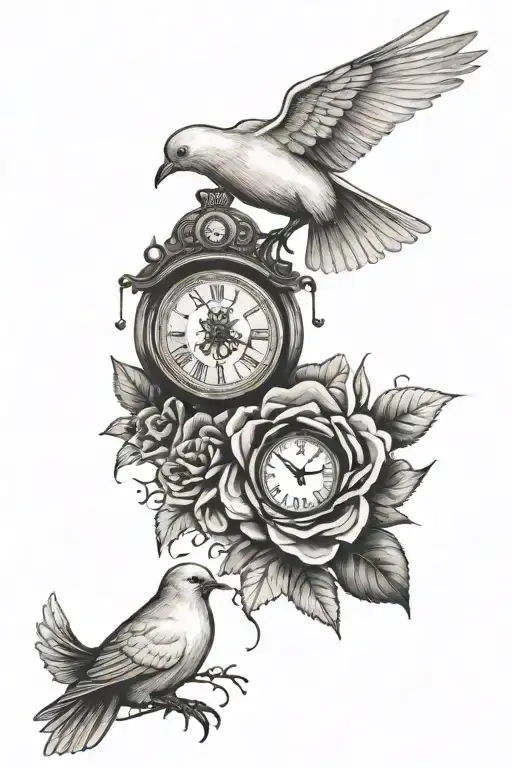 several medium sized doves. a small rose and a large rose and an old clock tattoo design idea
