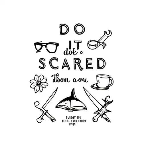 these items surrounds the words do it scared, a book, a red hoodie, a shark, a flower, glasses, wrench, sword, pottery tattoo design idea