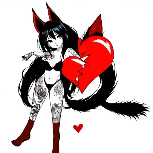anime woman with black hair, tattoos and fox ears stitching together a broken heart wrapped with fox tails tattoo design idea