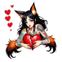 anime woman with black hair, tattoos and fox ears stitching together a broken heart wrapped with fox tails tattoo design idea
