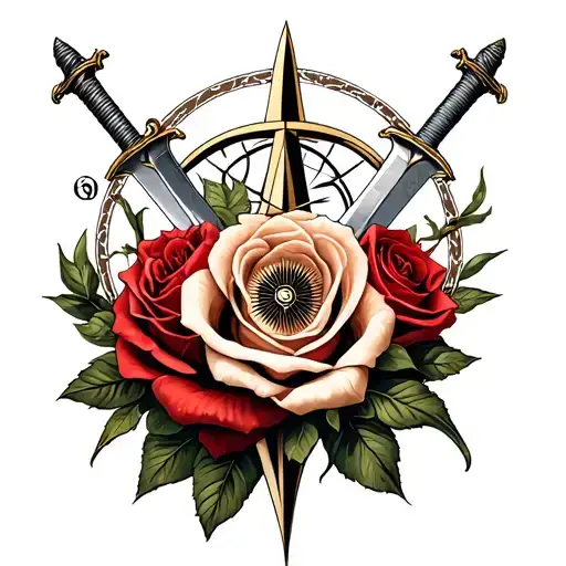 roses with medusa and swords and a compass rose tattoo design idea