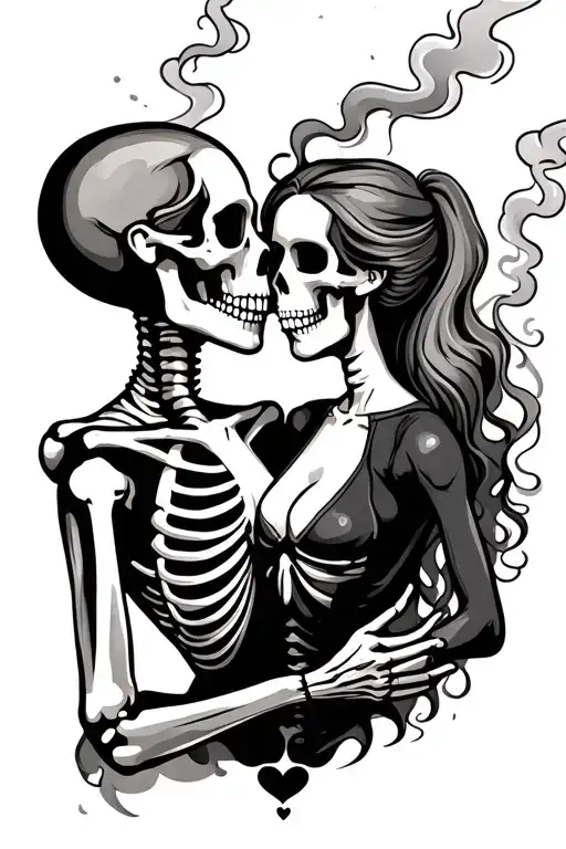 skeleton man and woman lovers smoke  love tattoo design idea