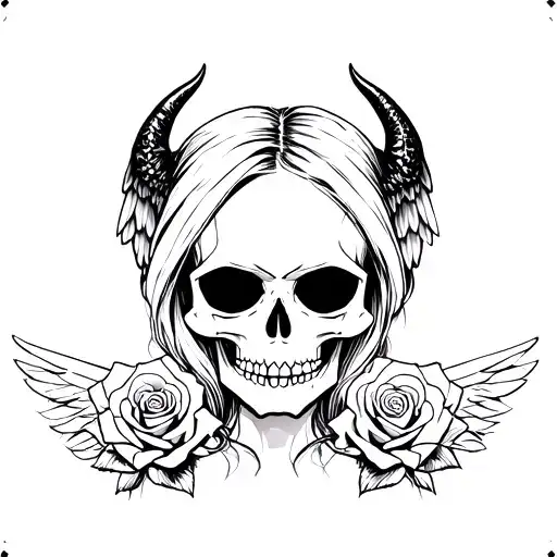skull with devil horns roses poker cards, woman, angel, with devil horns tattoo design idea