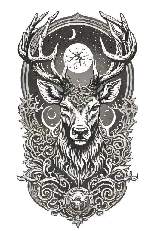 Powerful stag head with large antlers and rings on antler base, moon tattoo design idea