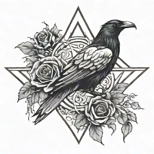 wiccan pentagram raven roses intertwined tattoo design idea
