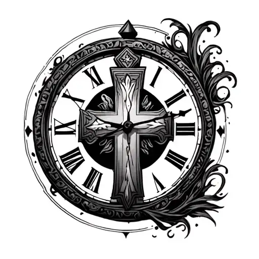 stairs into clock with cross tattoo design idea