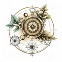 compass, clock, lunar cycle, DNA strand, tree and root tattoo design idea