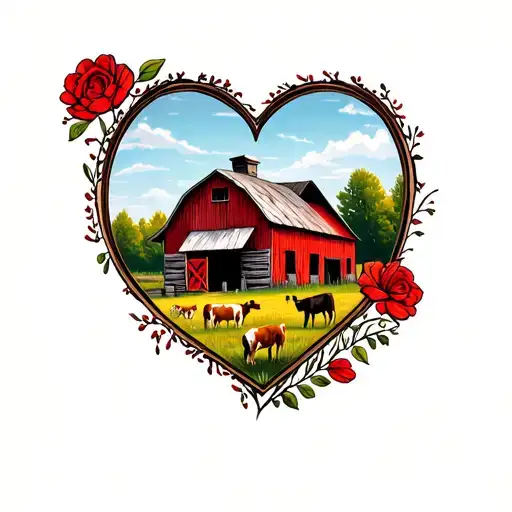 red midwestern barn and pasture inside heart shaped picture frame tattoo design idea