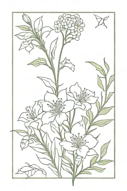 flower bouqet with carnation,jonquil,larkspur,honeysuckle,and holly tattoo design idea