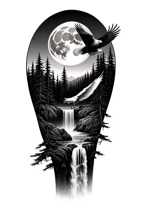 forest with waterfall in the middle and a bald eagle flying with a moon in the background tattoo design idea